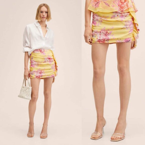 Mango MNG Skirt Romance Yellow Floral Ruffle Frill Mini Flirty Feminine Romantic - Picture 1 of 14